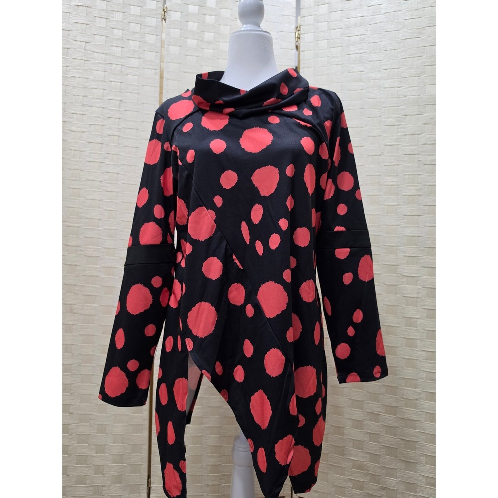 Red Polka Dot Asymmetrical Cowl Neck Tunic Top Black Long Sleeve XL